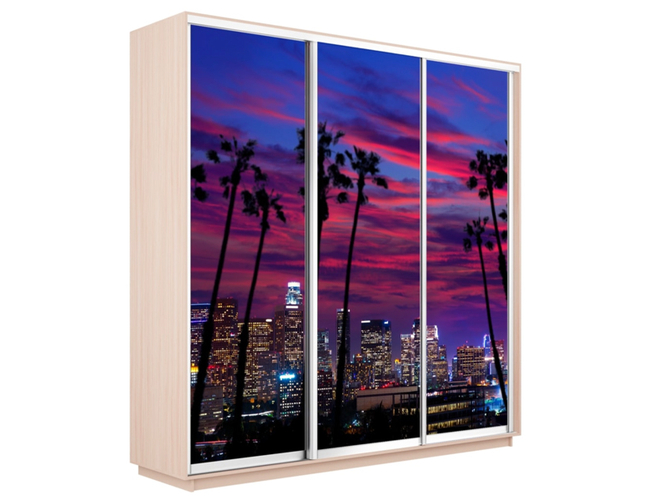 Шкаф-купе Экспресс 3-х дверный (Фото №1014 Закат над городом), Дуб молочный